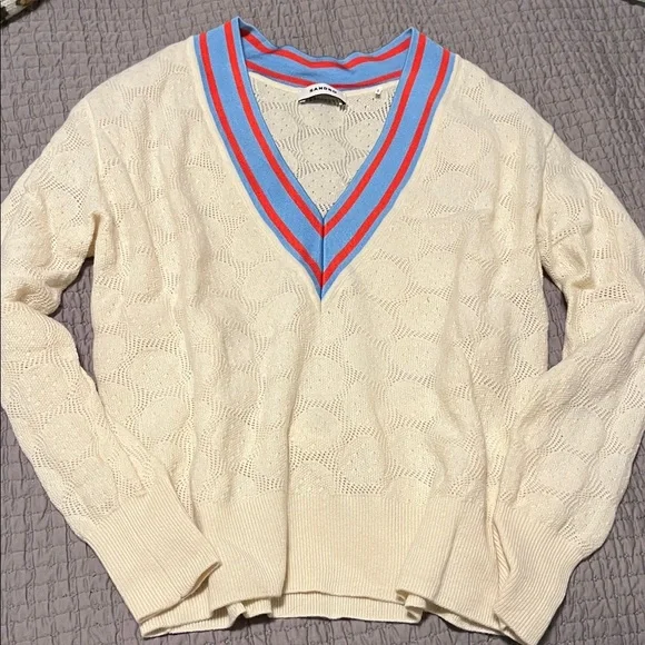 Sandro Cream V-Neck Sweater with Blue and Red Trim - Picture 1 of 3